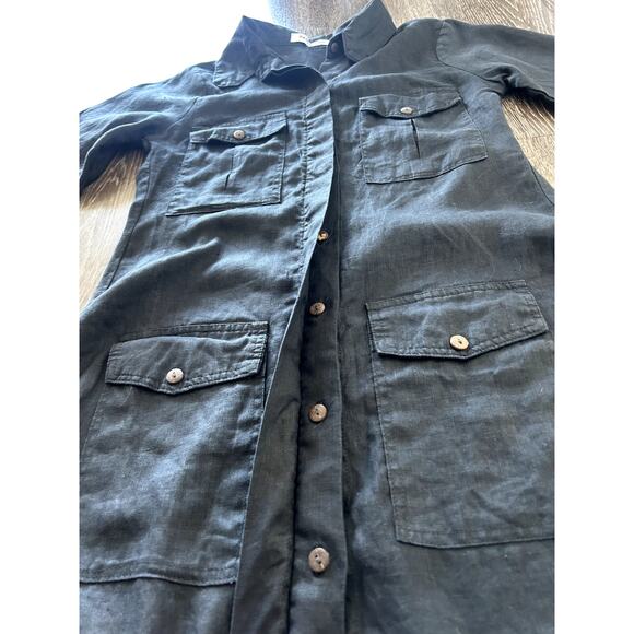 EUC Pampelone Mae Black Linen Utility Dress Sz Small Button Down 3/4 Sleeve Mini - Picture 12 of 16